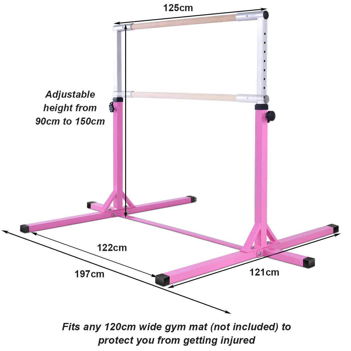 LIVSK Gymnastiek Rekstok - Verstelbaar van 90 tot 150 cm - Stalen Constructie - Antislip - Tot 100 kg - Roze