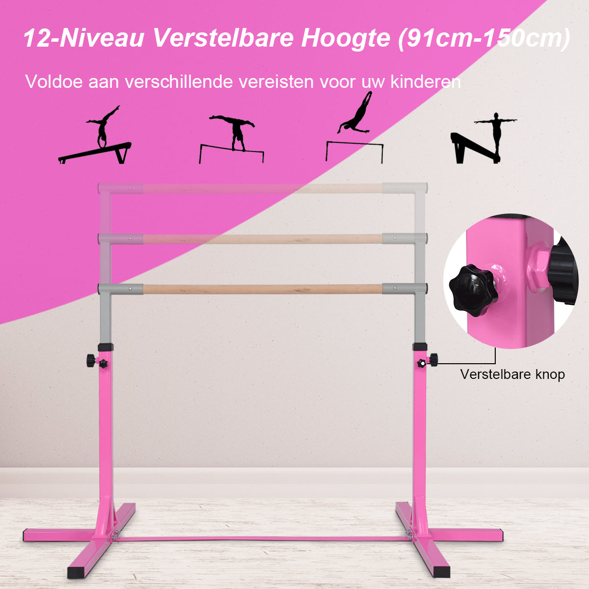 LIVSK Gymnastiek Rekstok - Verstelbaar van 90 tot 150 cm - Stalen Constructie - Antislip - Tot 100 kg - Roze