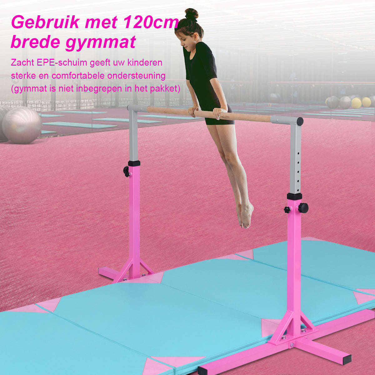 LIVSK Gymnastiek Rekstok - Verstelbaar van 90 tot 150 cm - Stalen Constructie - Antislip - Tot 100 kg - Roze