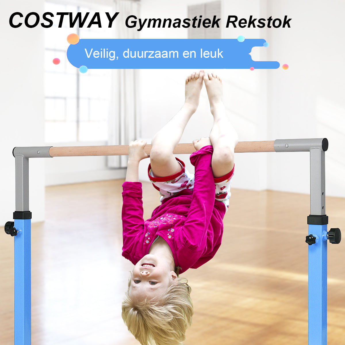 LIVSK Gymnastiek Rekstok - Hoogteverstelbaar - Stalen Constructie - Tot 100 kg - Antislip - Voor Kinderen - Blauw