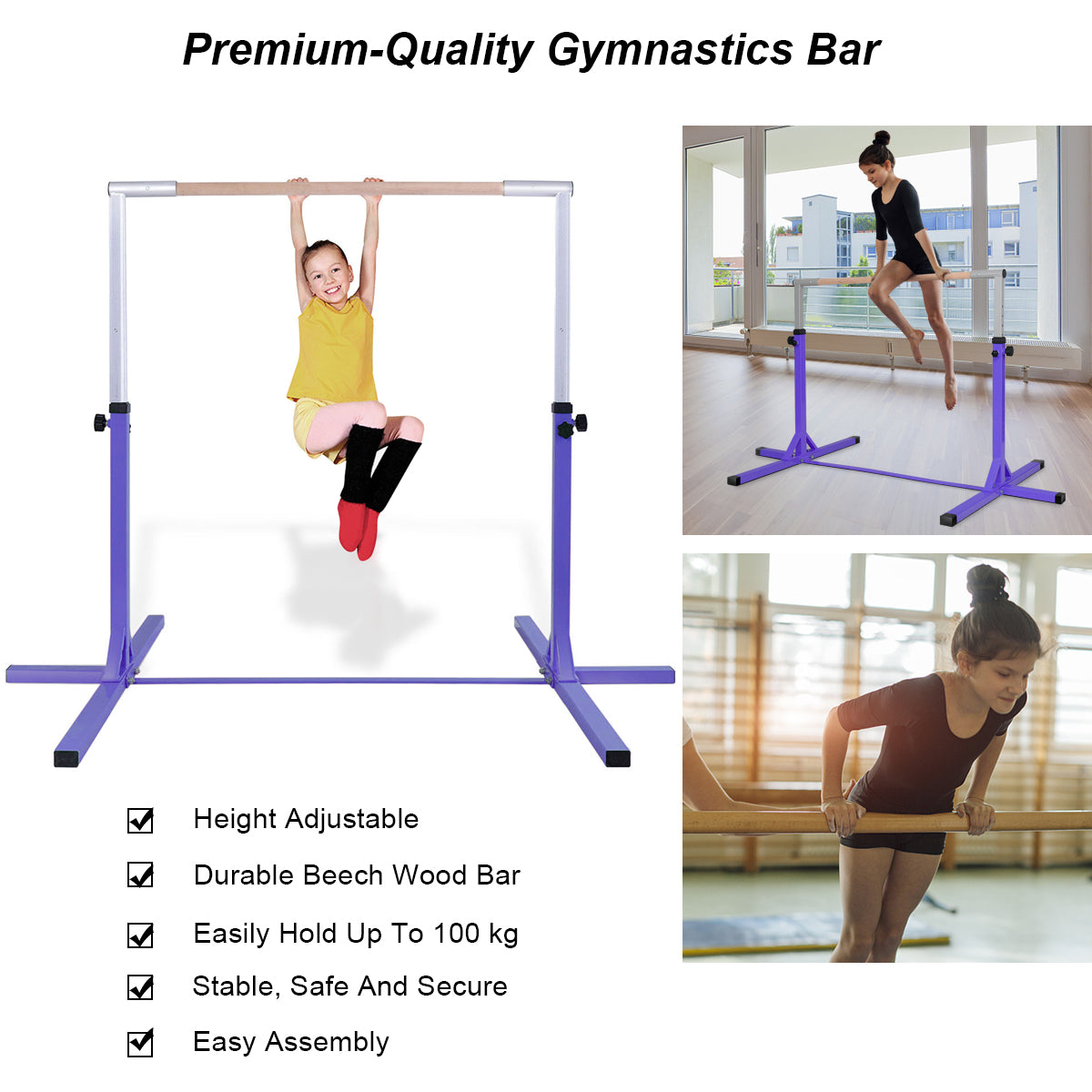 LIVSK Gymnastiek Trainingsrekstok - Verstelbaar 90-150 cm - Stalen Frame - Antislip - Tot 100 kg - Paars