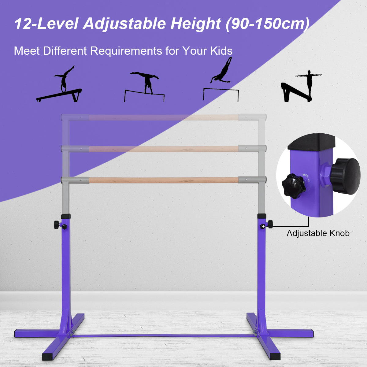 LIVSK Gymnastiek Trainingsrekstok - Verstelbaar 90-150 cm - Stalen Frame - Antislip - Tot 100 kg - Paars