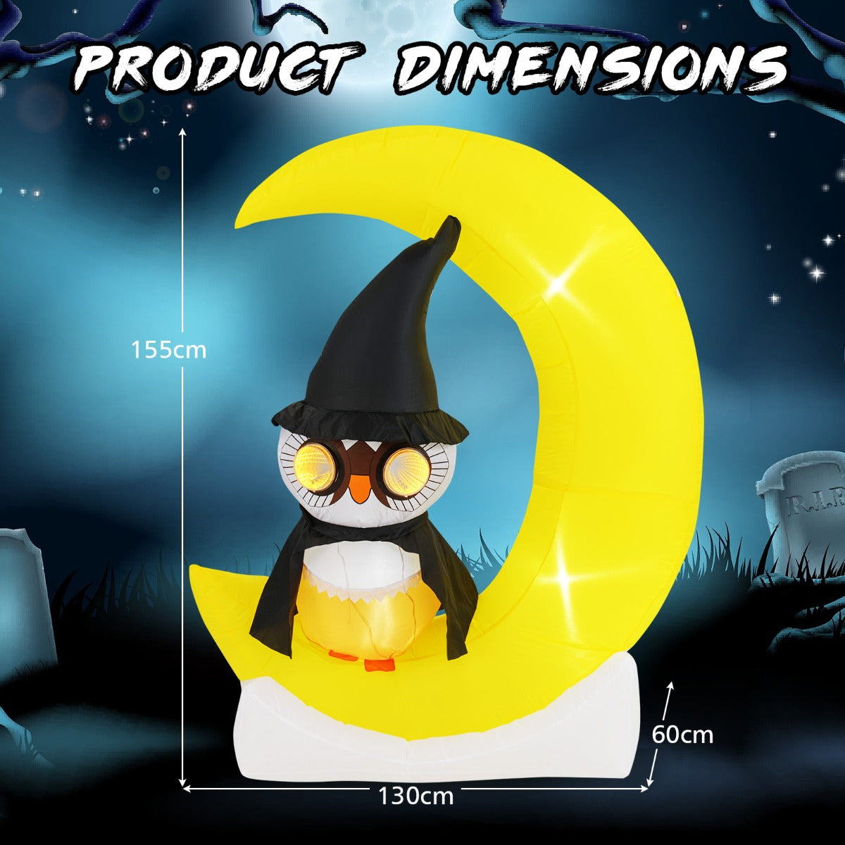 LIVSK Opblaasbare Halloween Uil op Maan - 3 LED-lampjes - Ingebouwde Blower - Weerbestendig - 130 x 60 x 155 cm - Zoals afgebeeld