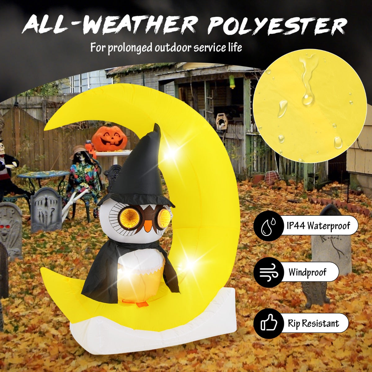 LIVSK Opblaasbare Halloween Uil op Maan - 3 LED-lampjes - Ingebouwde Blower - Weerbestendig - 130 x 60 x 155 cm - Zoals afgebeeld