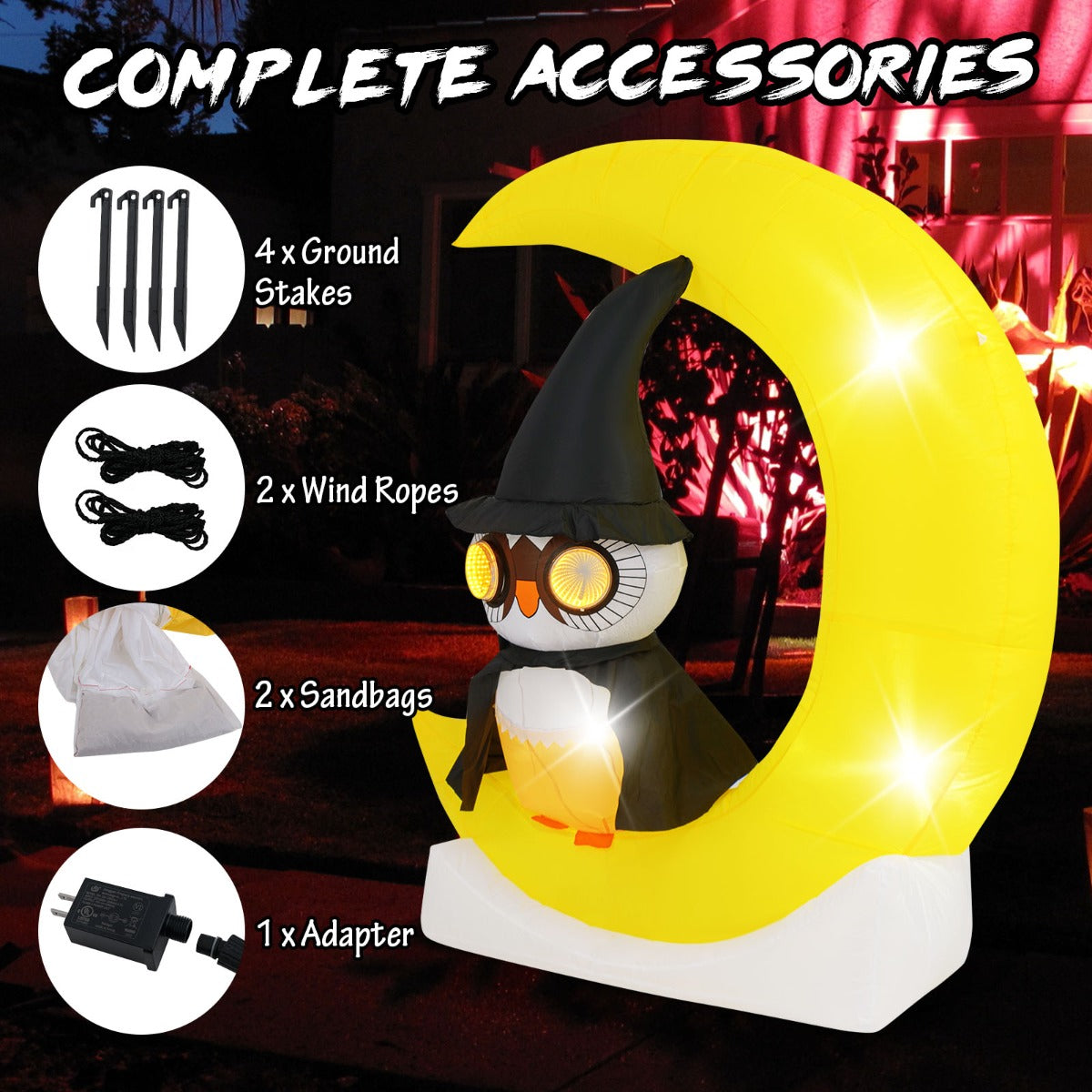LIVSK Opblaasbare Halloween Uil op Maan - 3 LED-lampjes - Ingebouwde Blower - Weerbestendig - 130 x 60 x 155 cm - Zoals afgebeeld