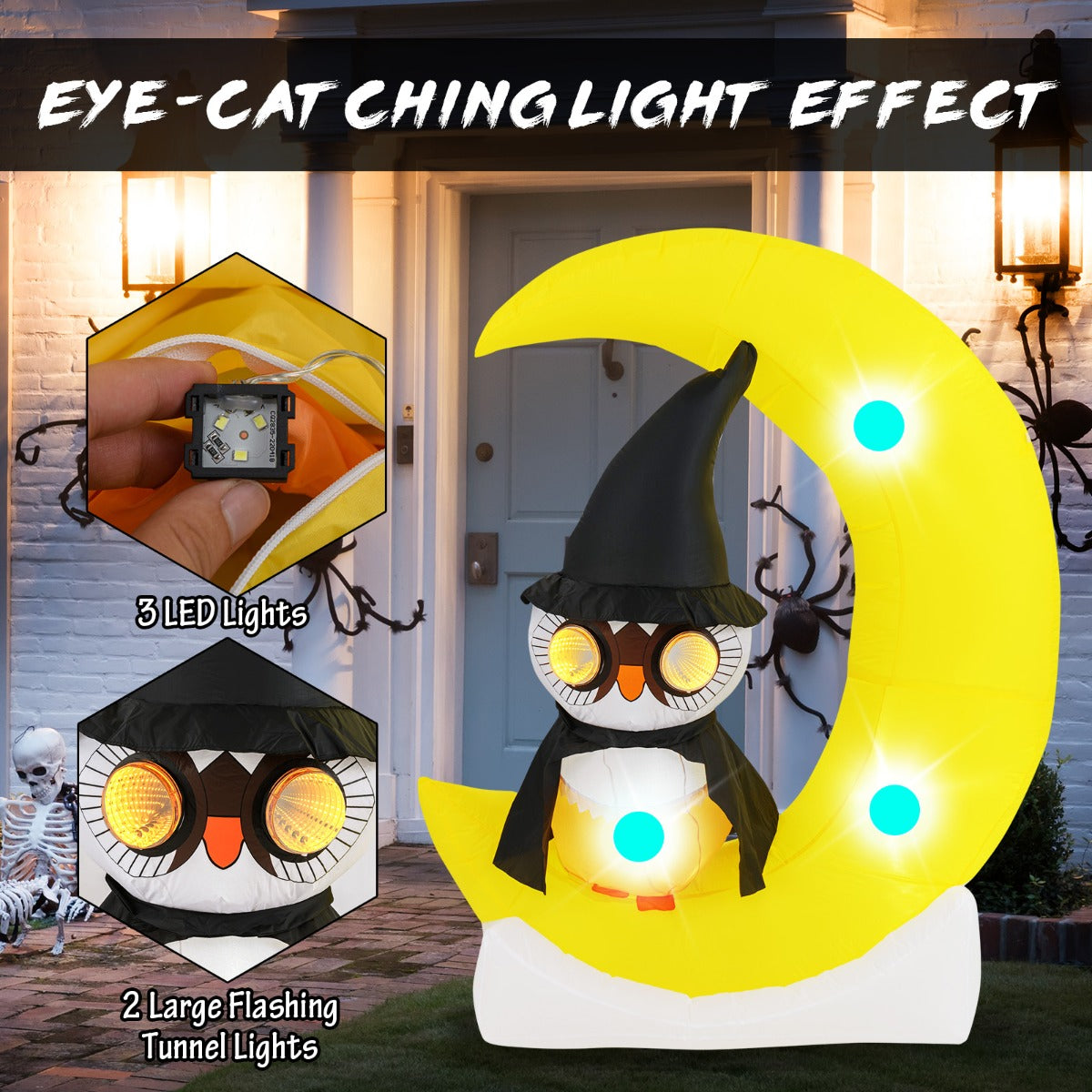 LIVSK Opblaasbare Halloween Uil op Maan - 3 LED-lampjes - Ingebouwde Blower - Weerbestendig - 130 x 60 x 155 cm - Zoals afgebeeld