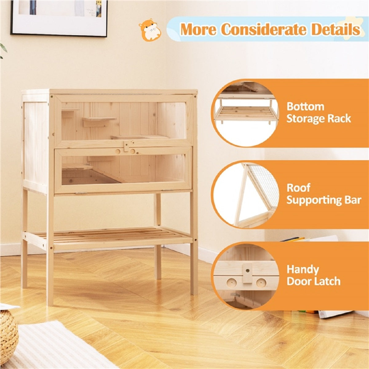 LIVSK Hamsterkooi - Opklapbaar Dak - Afsluitbare Deur - Draadgaas voor Ventilatie - Vurenhout - 60 x 40 x 80 cm - Natuurlijk