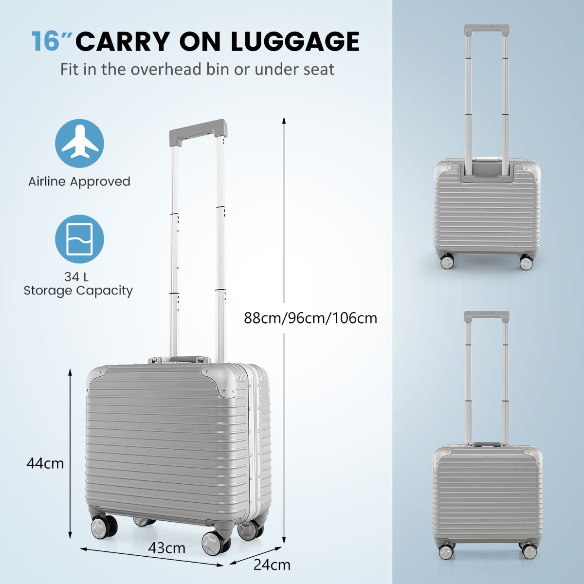 LIVSK Lichtgewicht Handbagage op Wieltjes - 34 Liter - Uitneembare Laptopsleeve - TSA-slot - 360° Zwenkwielen - Zilver