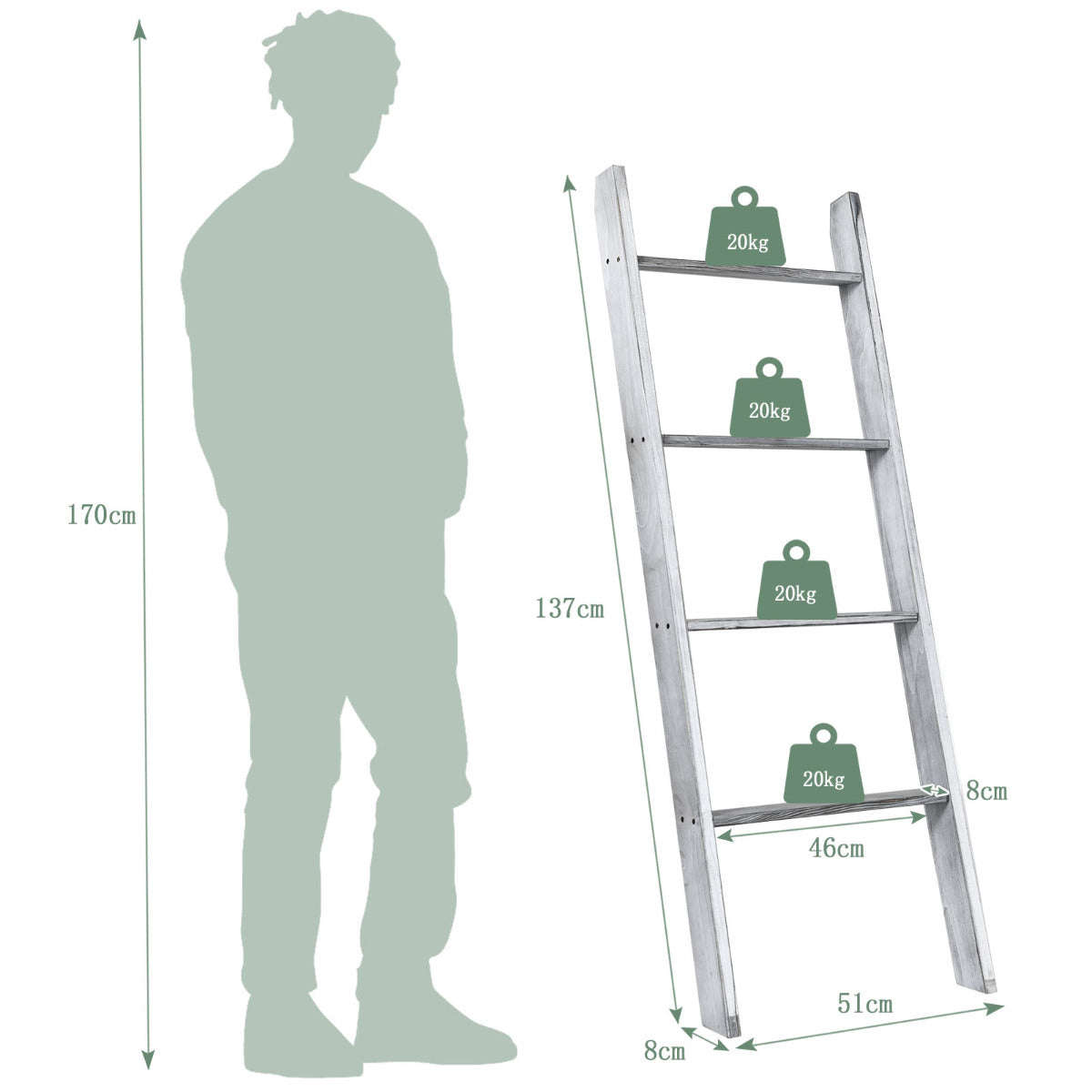 LIVSK Vrijstaande Ladderplank - Stevig Dennenhout - Draagvermogen 80 kg - Antislip - Eenvoudige Montage - Grijs