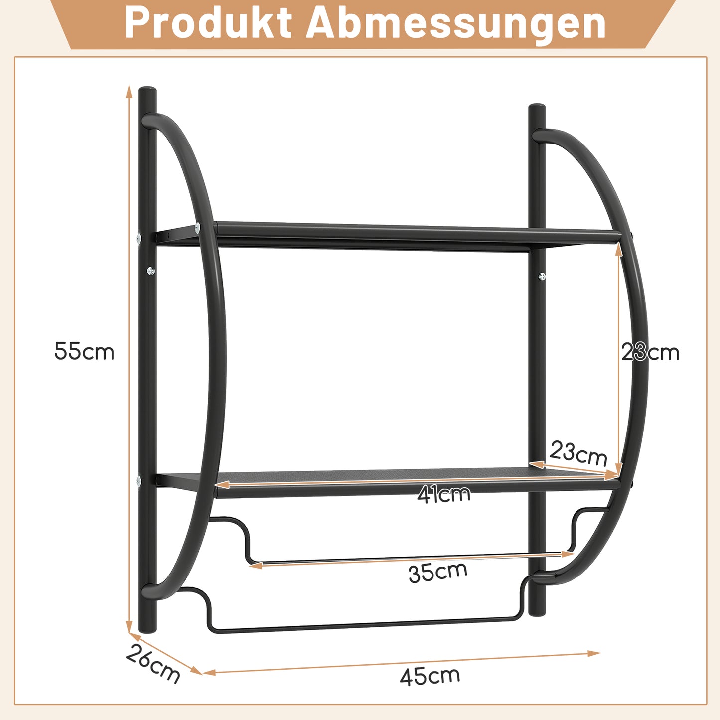 LIVSK Handdoekhouder Badkamer - Wandmontage - Hoogwaardig Ijzer - 2 Planken en 2 Stangen - 45 x 25,5 x 55 cm - Zwart