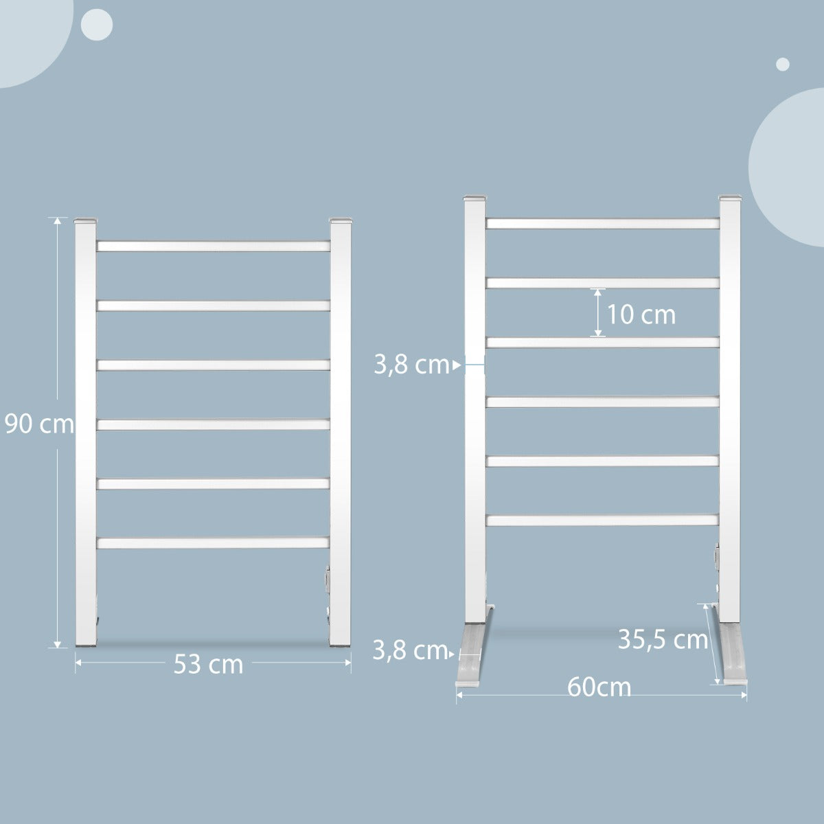 LIVSK Handdoekverwarmer - 6 Stangen - Wandmontage of Vrijstaand - Aluminium - Snelle Verwarming tot 50℃ - Zilver