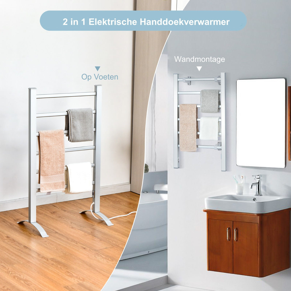 LIVSK Handdoekverwarmer - 6 Stangen - Wandmontage of Vrijstaand - Aluminium - Snelle Verwarming tot 50℃ - Zilver