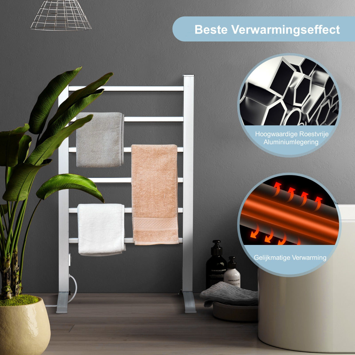 LIVSK Handdoekverwarmer - 6 Stangen - Wandmontage of Vrijstaand - Aluminium - Snelle Verwarming tot 50℃ - Zilver