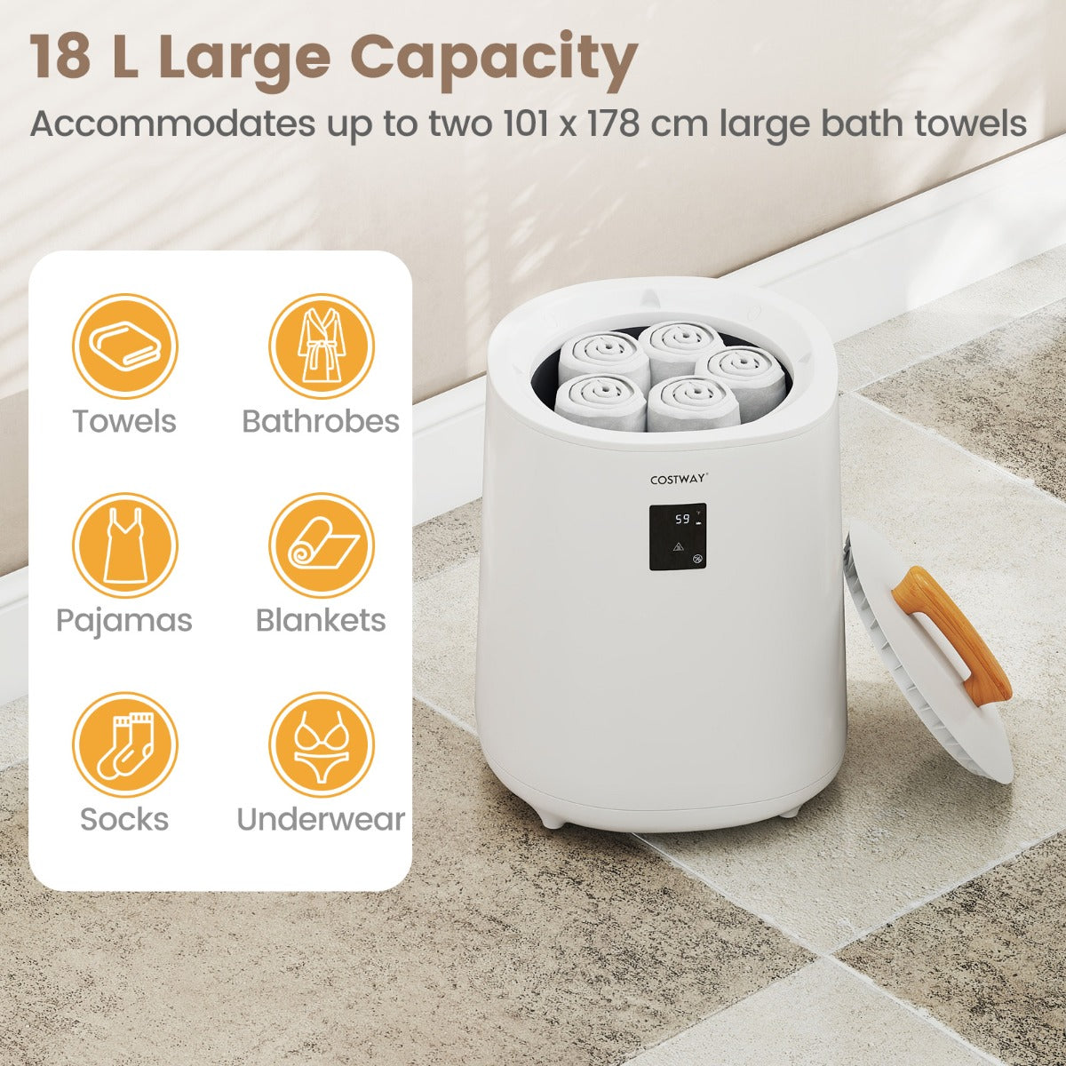 Livsk costway handdoekverwarmer 18 liter dekenverwarmer draagbare elektrische verwarmingsemmer 5