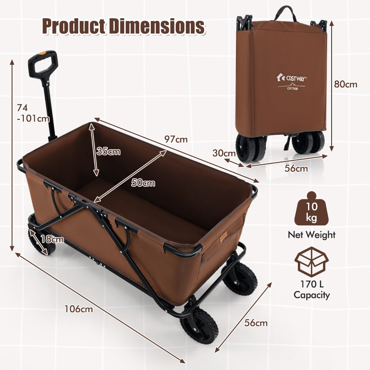 LIVSK Grote Vouwwagen - Opvouwbaar met Verstelbaar Stuur - 170L Capaciteit - All-terrain Wielen - Inclusief Draagtas - Koffie