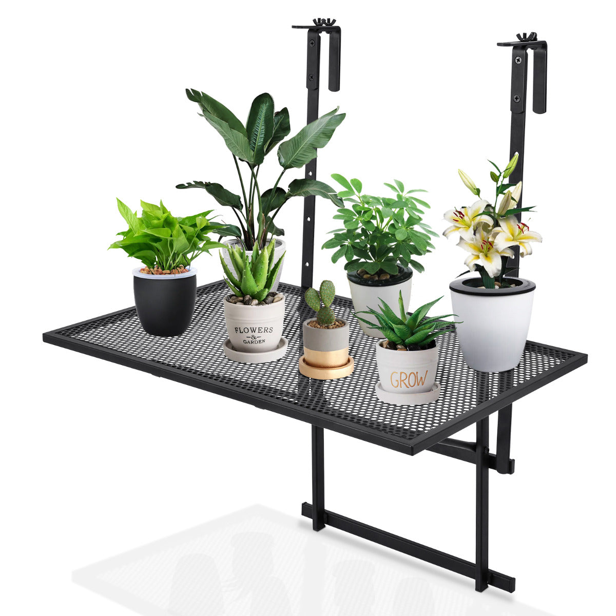 LIVSK opvouwbare balkontafel - Verstelbaar in 5 hoogtes - Duurzaam ijzer - Ideaal voor planten en spulletjes - Zwart