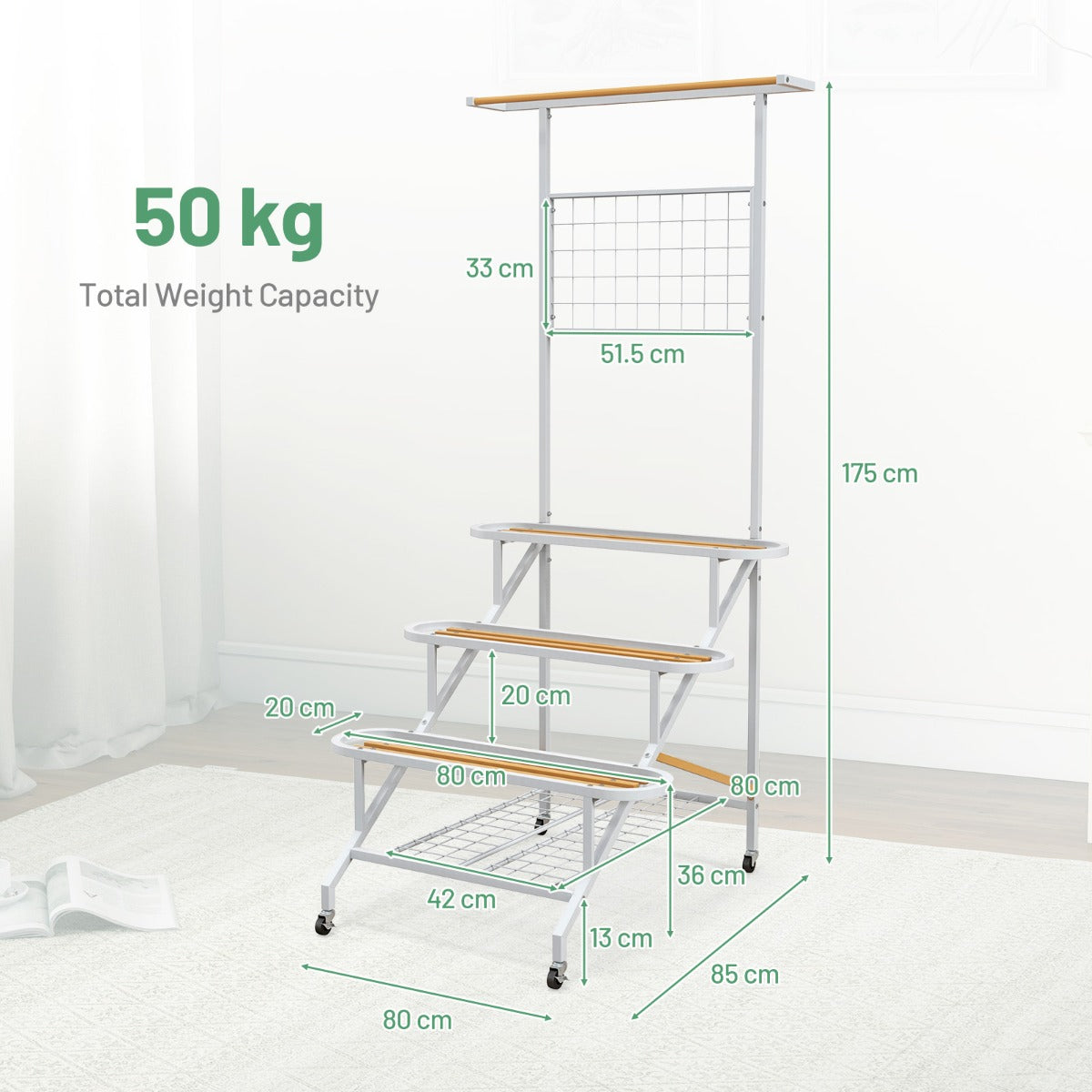 LIVSK Ladder Plantenstandaard met 4 Planken - Ruimtebesparend met Zwenkwielen - Voor Planten en Gereedschap - Wit