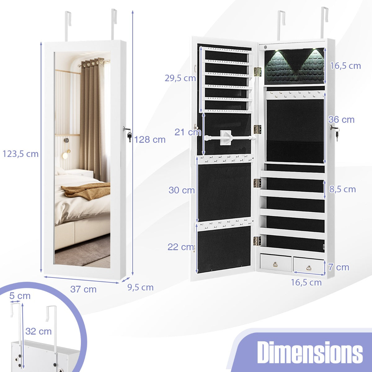 LIVSK Hangende Sieradenkast met LED-verlichting - Full-body Spiegel - 108 Vakjes - Deur-/Wandmontage - Wit