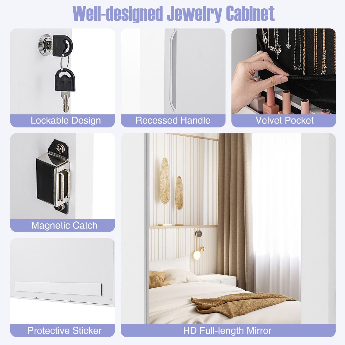LIVSK Hangende Sieradenkast met LED-verlichting - Full-body Spiegel - 108 Vakjes - Deur-/Wandmontage - Wit
