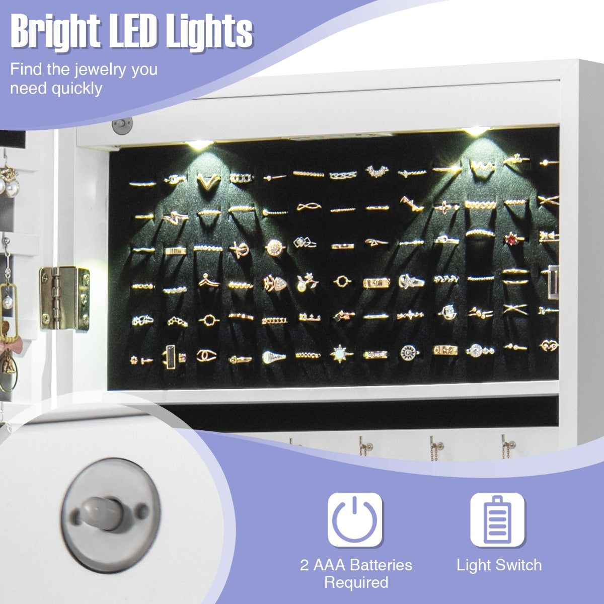 LIVSK Hangende Sieradenkast met LED-verlichting - Full-body Spiegel - 108 Vakjes - Deur-/Wandmontage - Wit