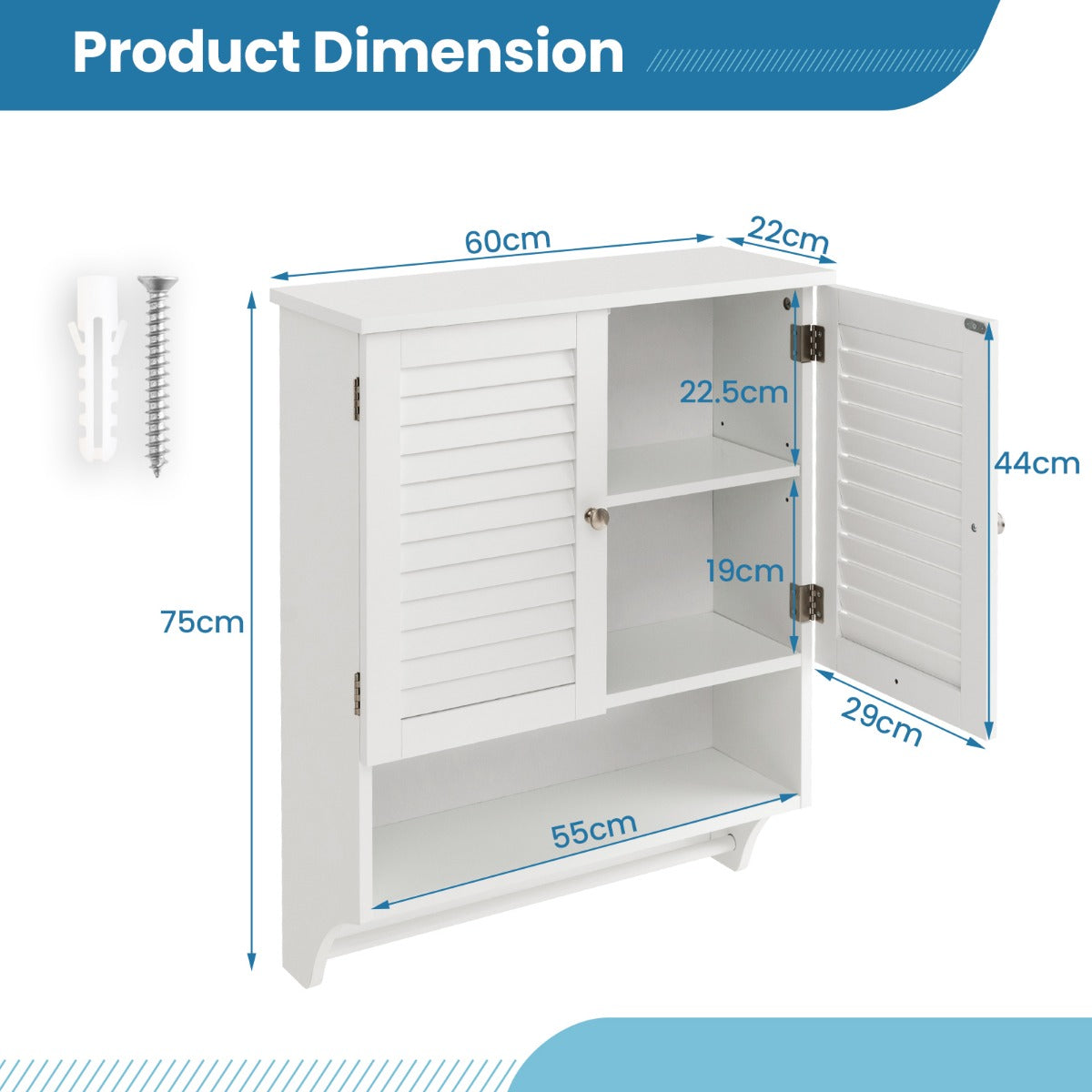 LIVSK Wandkast Badkamer - Verstelbare Plank - Waterbestendig MDF - Ruimtebesparend - 58 x 22 x 75 cm - Wit
