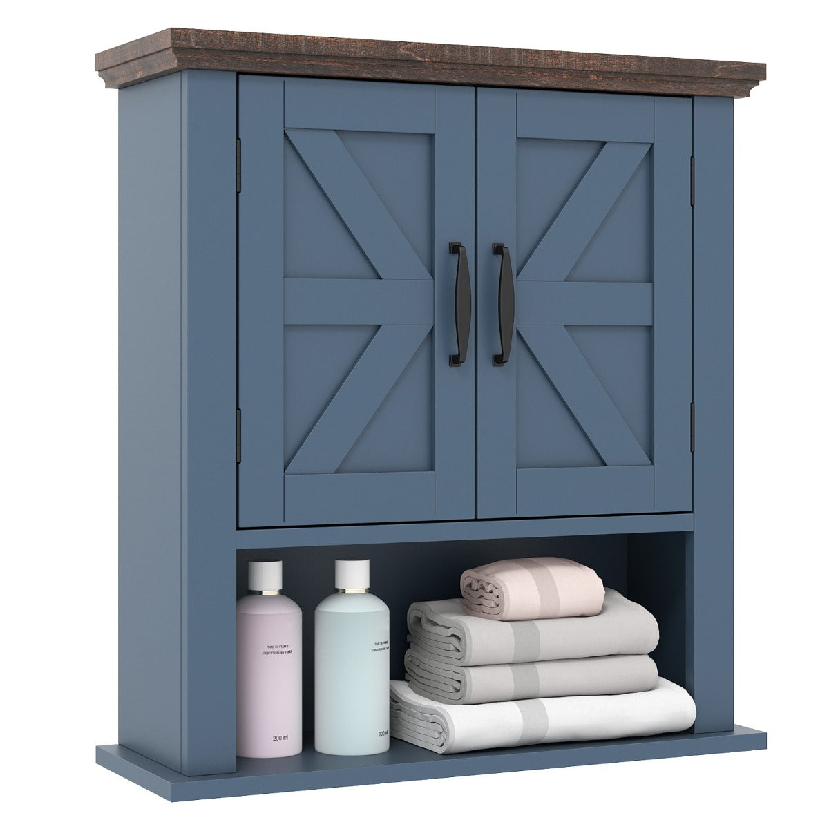 Livsk costway hangkast wandkast van hout met verstelbare legplanken deuren en open opbergvak badkamerkast marineblauw