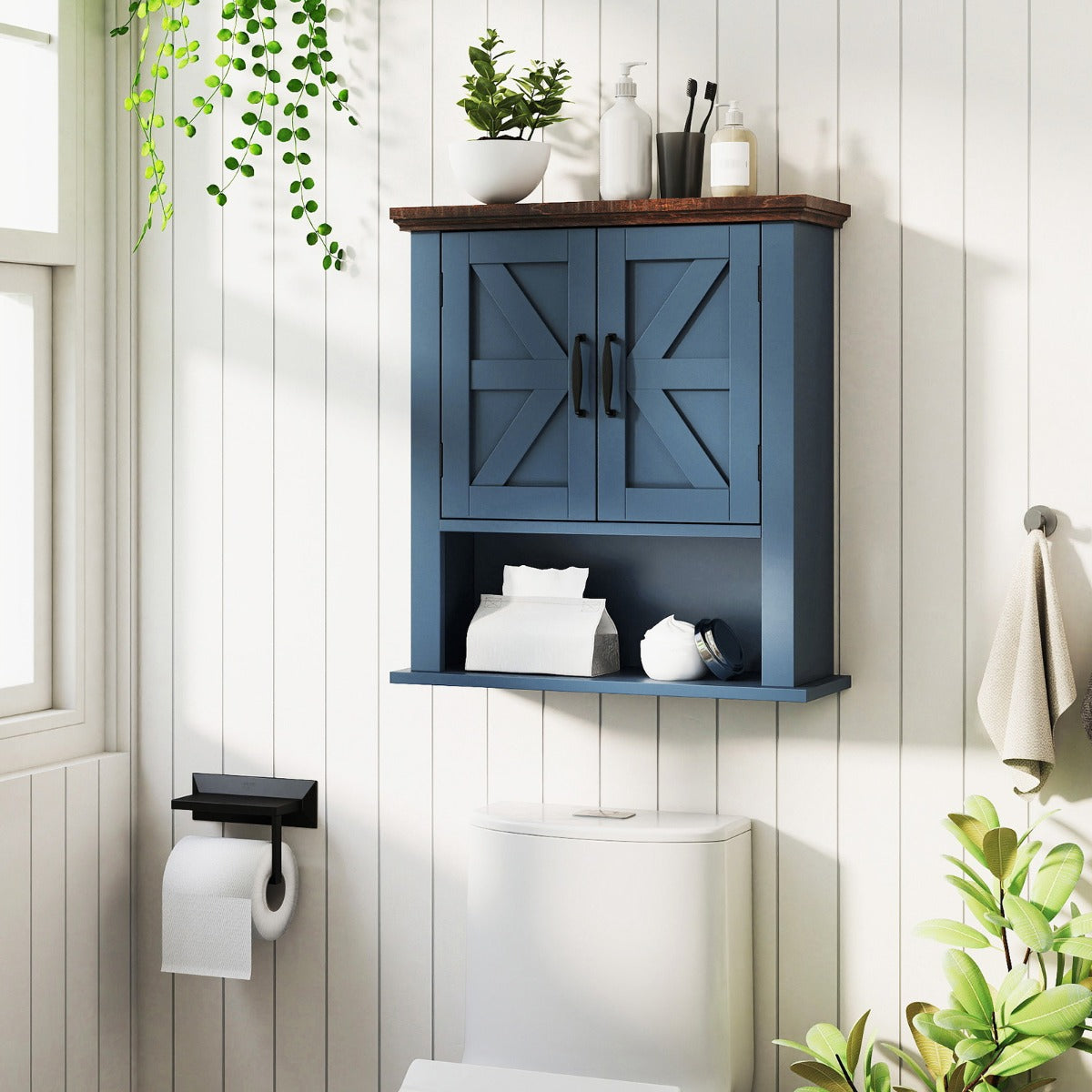 Livsk costway hangkast wandkast van hout met verstelbare legplanken deuren en open opbergvak badkamerkast marineblauw 6