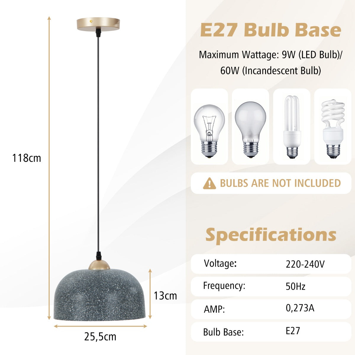 LIVSK Moderne Hanglamp - Verstelbare Ophangkabel 5-30 cm - E27 Lampvoet - Geschikt voor Schuine en Vlakke Plafonds - Grijs