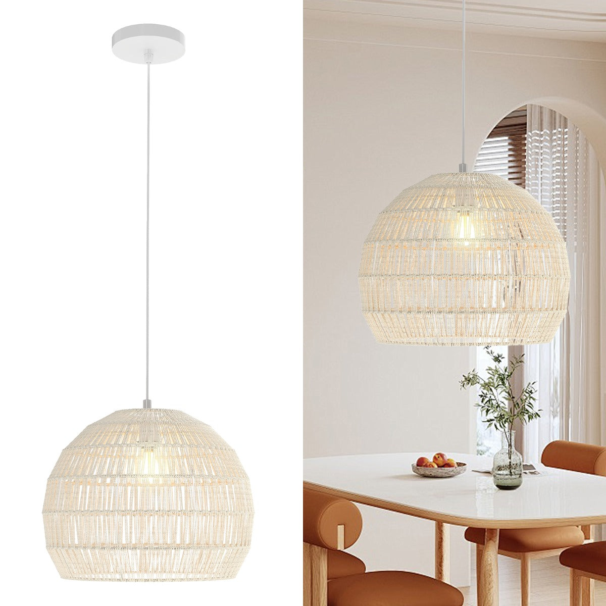 LIVSK Handgeweven Papieren Hanglamp - Verstelbare Hoogte 0,5-1,5 m - E27 Tot 60W - Voor Eetkamer en Woonkamer - Beige