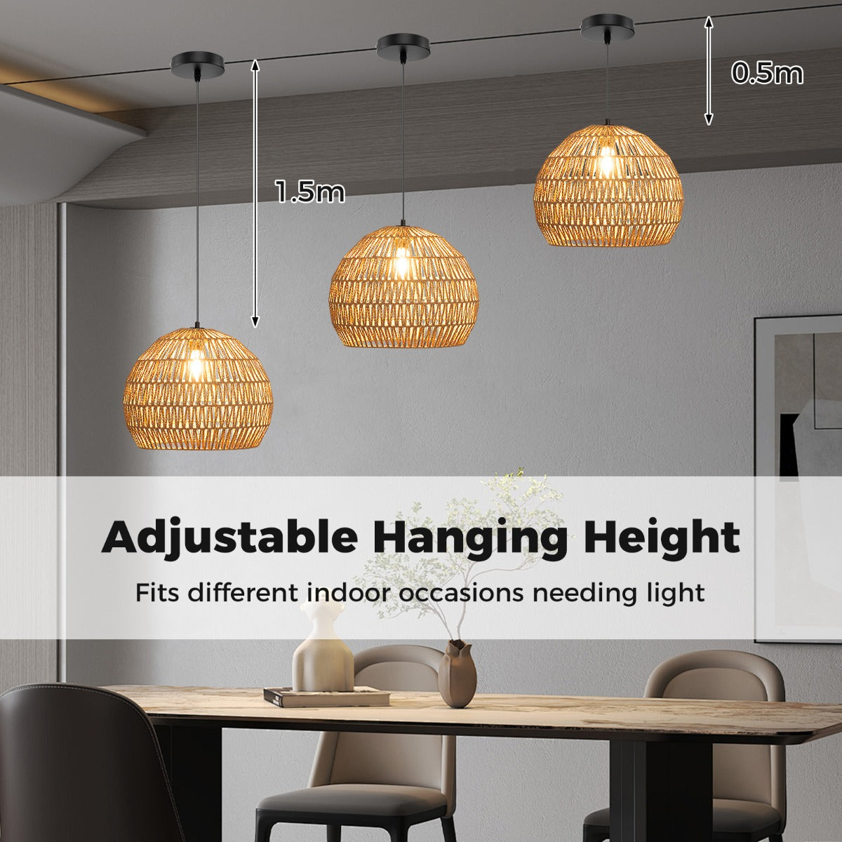 LIVSK handgeweven papieren hanglamp - Verstelbare hoogte 0,5-1,5 m - Duurzaam metaal - Warm licht - Beige/Bruin