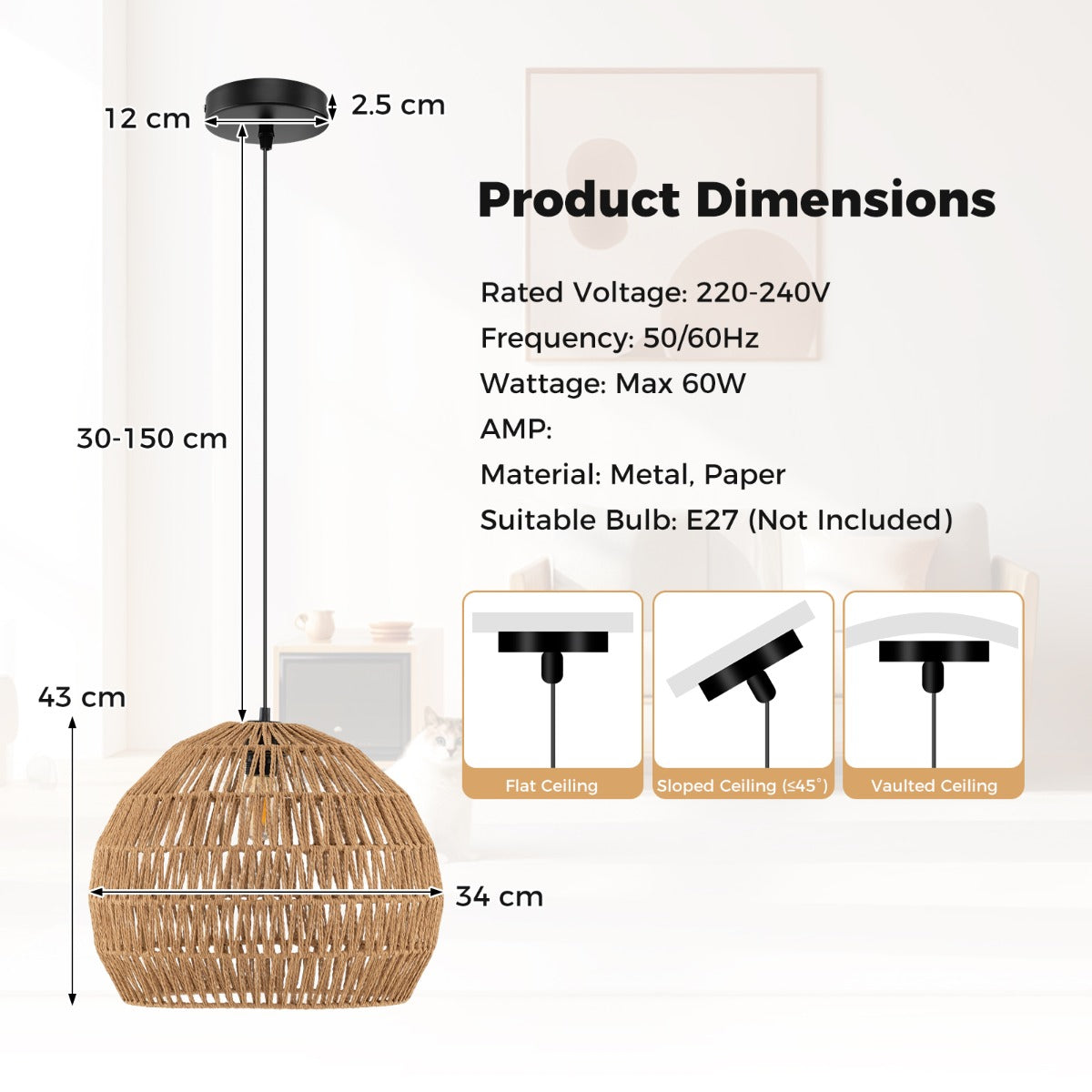 LIVSK handgeweven papieren hanglamp - Verstelbare hoogte 0,5-1,5 m - Duurzaam metaal - Warm licht - Beige/Bruin