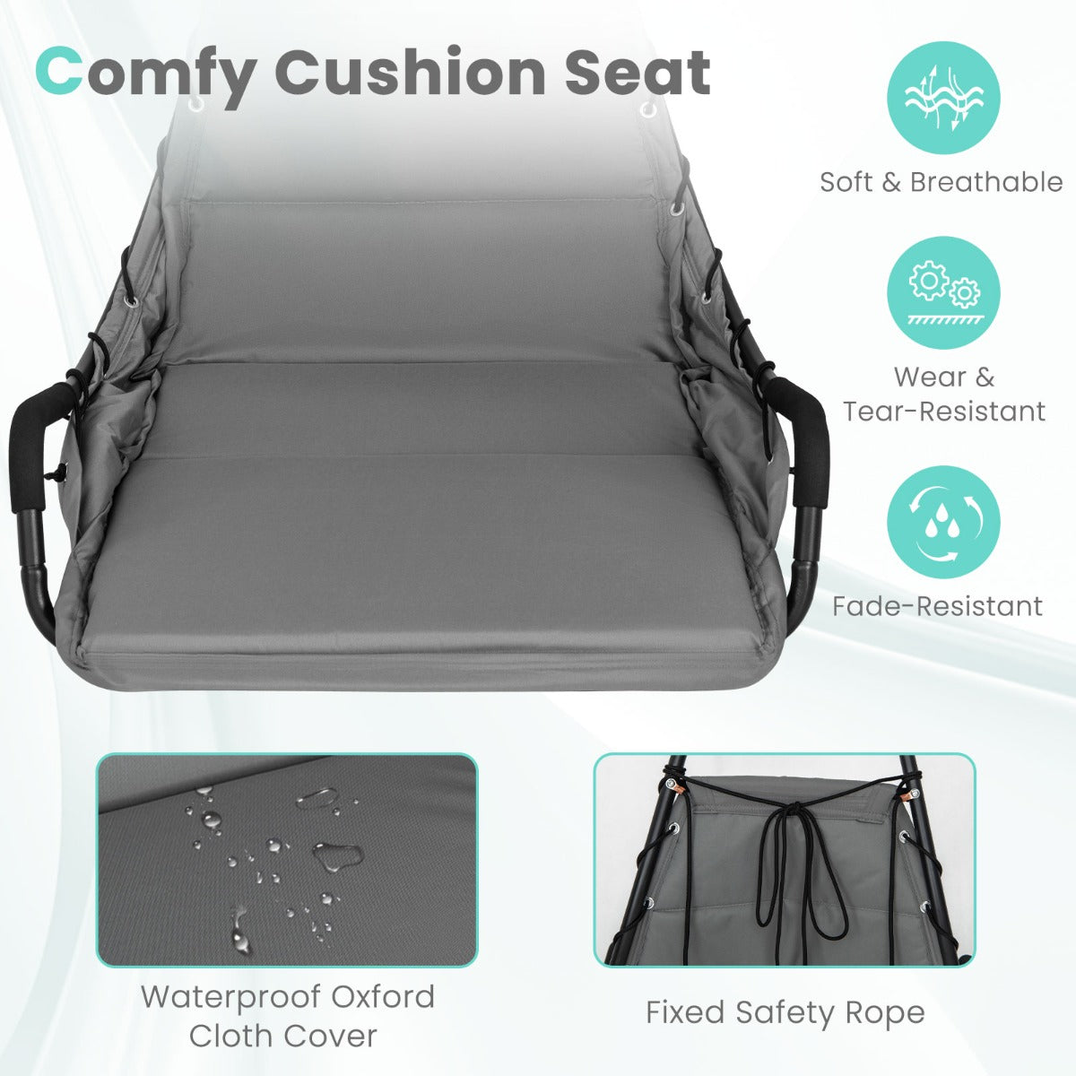 LIVSK Gevoerde Hangstoel met Frame - Stevig Metaal - Roestbestendig - Extra Comfortabel - Voor Binnen en Buiten - Grijs