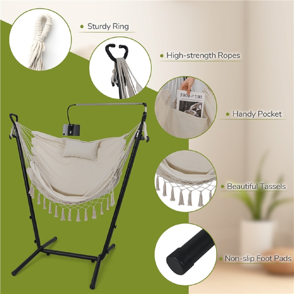 LIVSK Hangstoel met Standaard - U-vormig Metaal - 6 Verstelbare Hoogtes - Telefoonhouder - Tot 250 kg - Beige