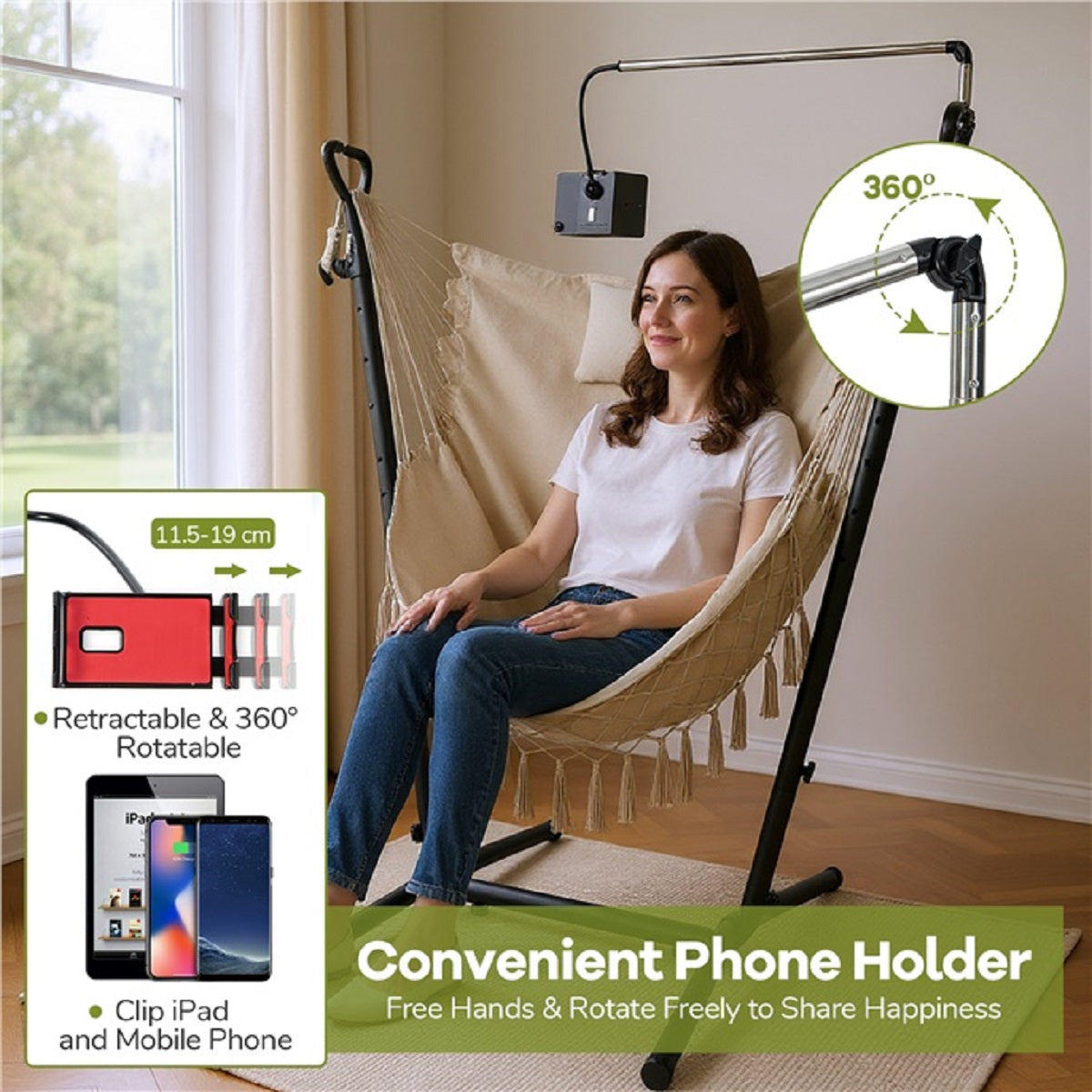LIVSK Hangstoel met Standaard - U-vormig Metaal - 6 Verstelbare Hoogtes - Telefoonhouder - Tot 250 kg - Beige