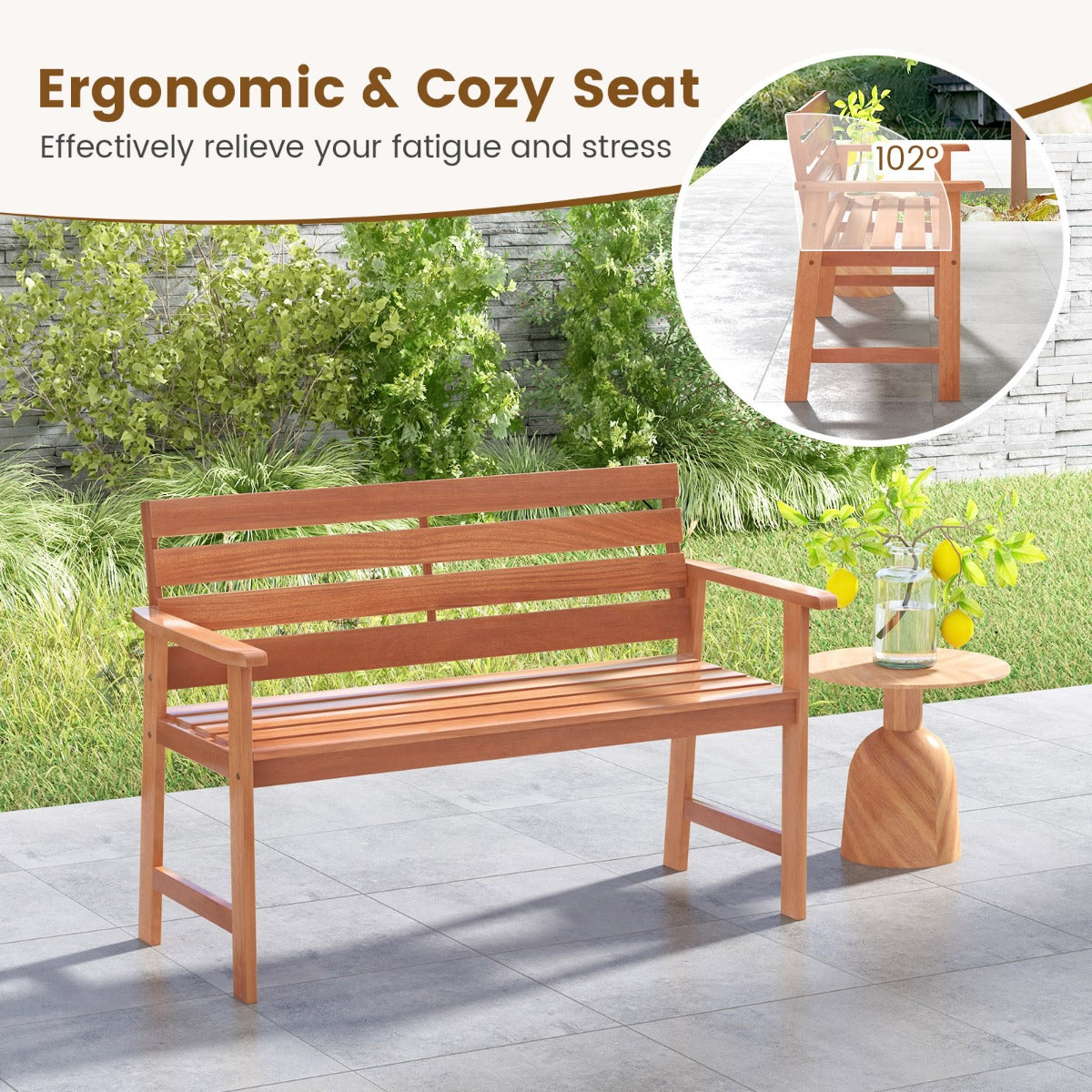 LIVSK Ergonomische Hardhouten Tuinbank - 102° Verstelbare Rugleuning - Ademend - Stabiel - Tot 180 kg - Natuurlijk