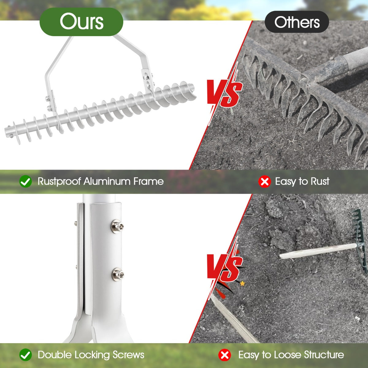 LIVSK Dubbelzijdige Verstelbare Tuinhark 50 cm - 25-60 graden - Ergonomisch Handvat - Roestbestendig Aluminium - Zilver