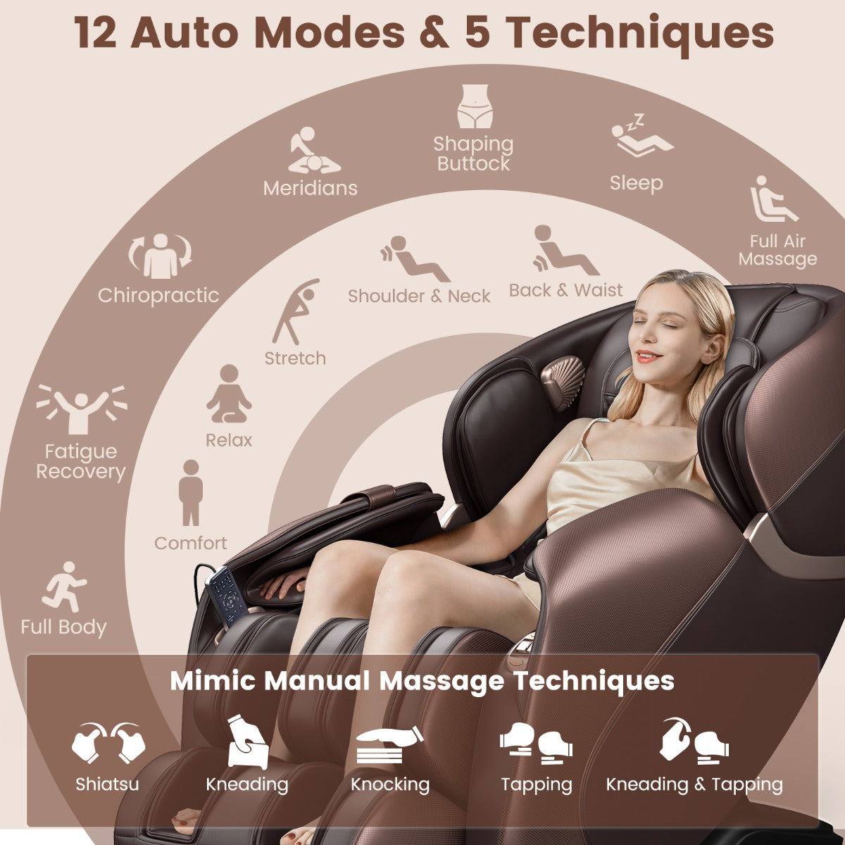 LIVSK Full-body Massagestoel - SL-spoor - 12 Modi - Verwarming - Bluetooth - Tot 150 kg - Bruin