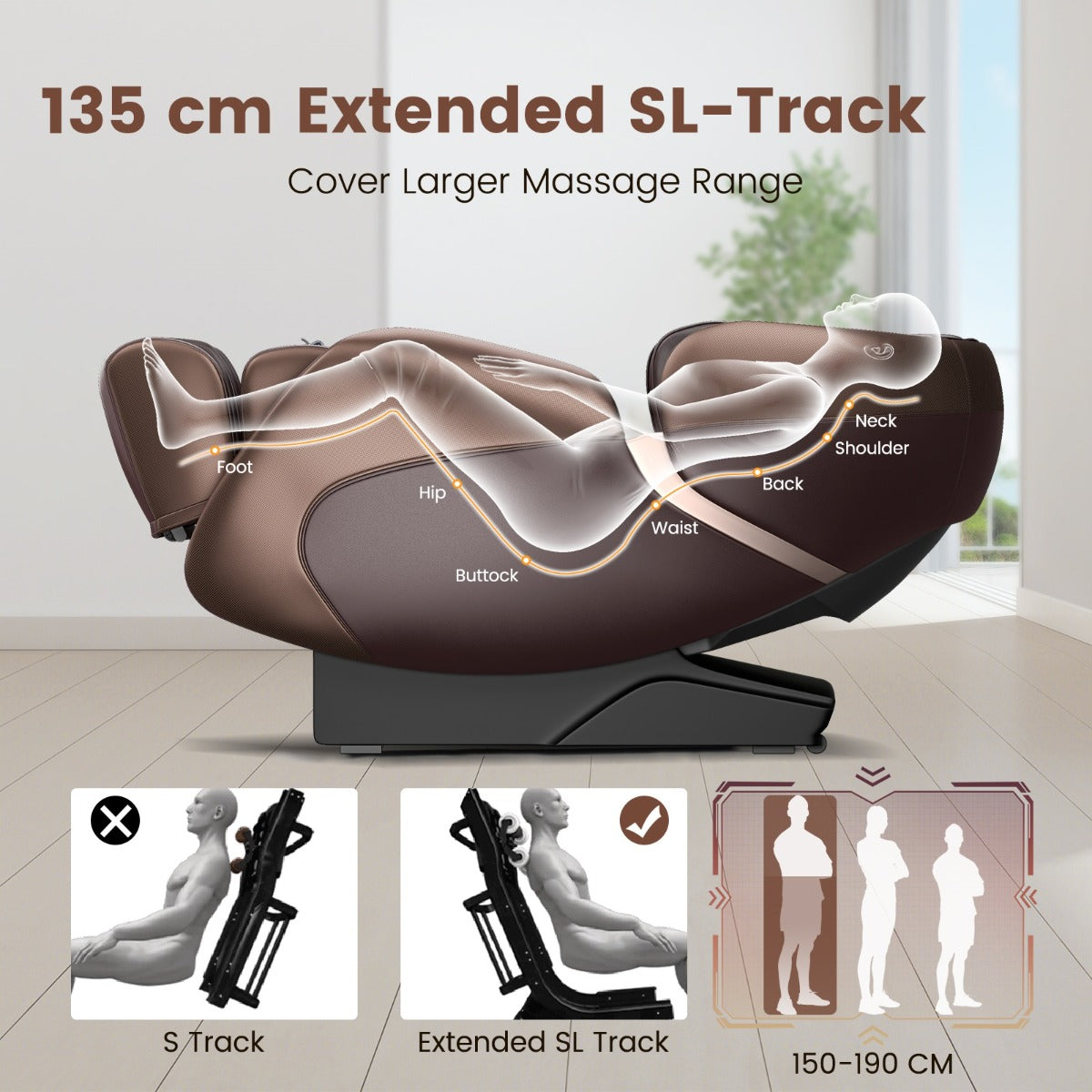 LIVSK Full-body Massagestoel - SL-spoor - 12 Modi - Verwarming - Bluetooth - Tot 150 kg - Bruin