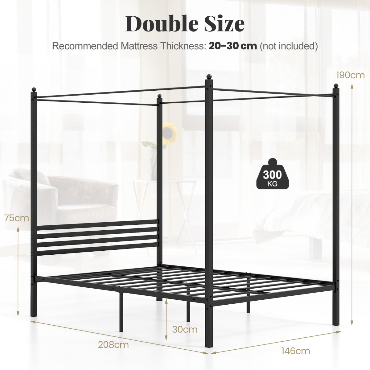 LIVSK Hemelbedframe met Lattenbodem - Sterke Constructie tot 300 kg - Inclusief Opbergruimte - Eenvoudige Montage - Zwart