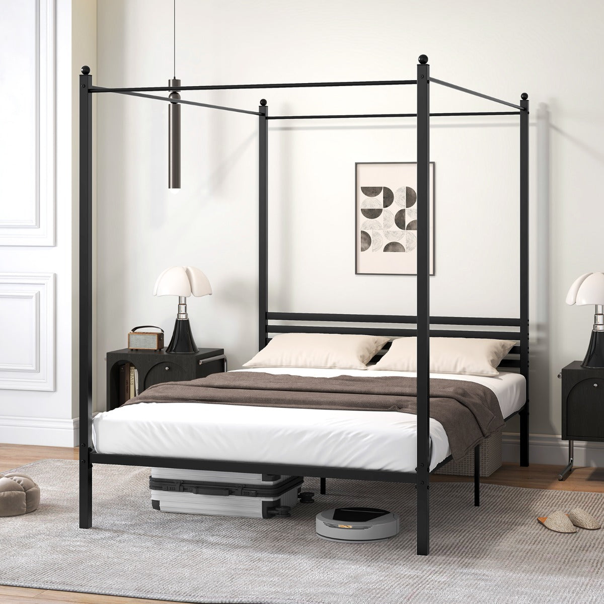 LIVSK Hemelbedframe met Lattenbodem - Sterke Constructie tot 300 kg - Inclusief Opbergruimte - Eenvoudige Montage - Zwart