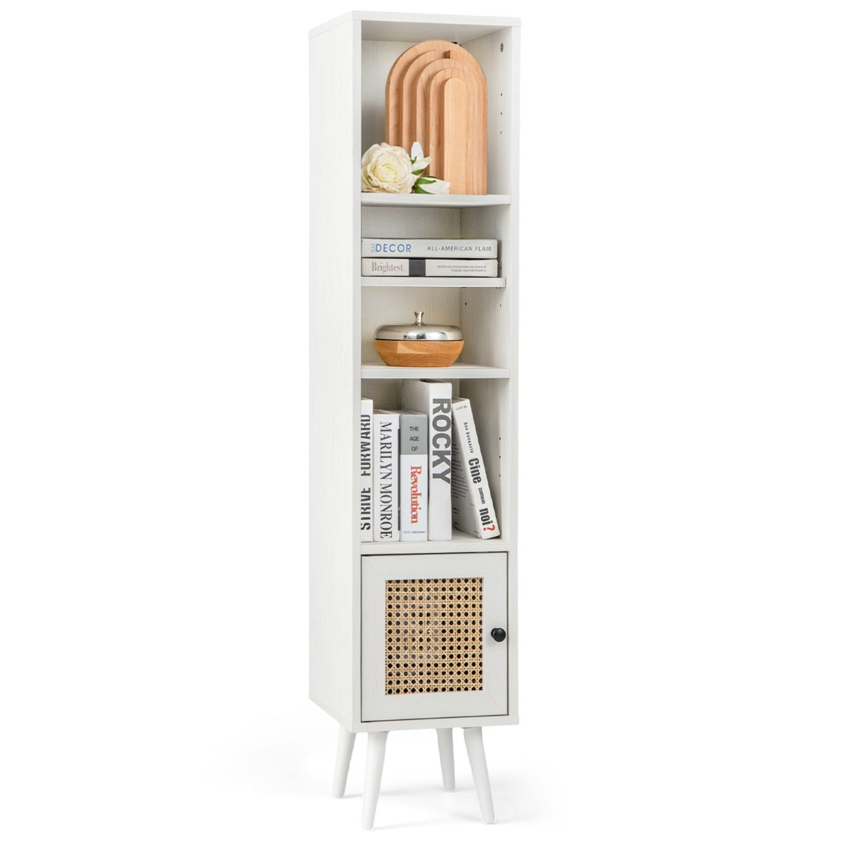 LIVSK Hoge Kast - Boho Ontwerp met Rieten Deur - Vrijstaand met 3 Open Vakken - Stabiliteit met Houten Poten - 29,5 x 29,5 x 137