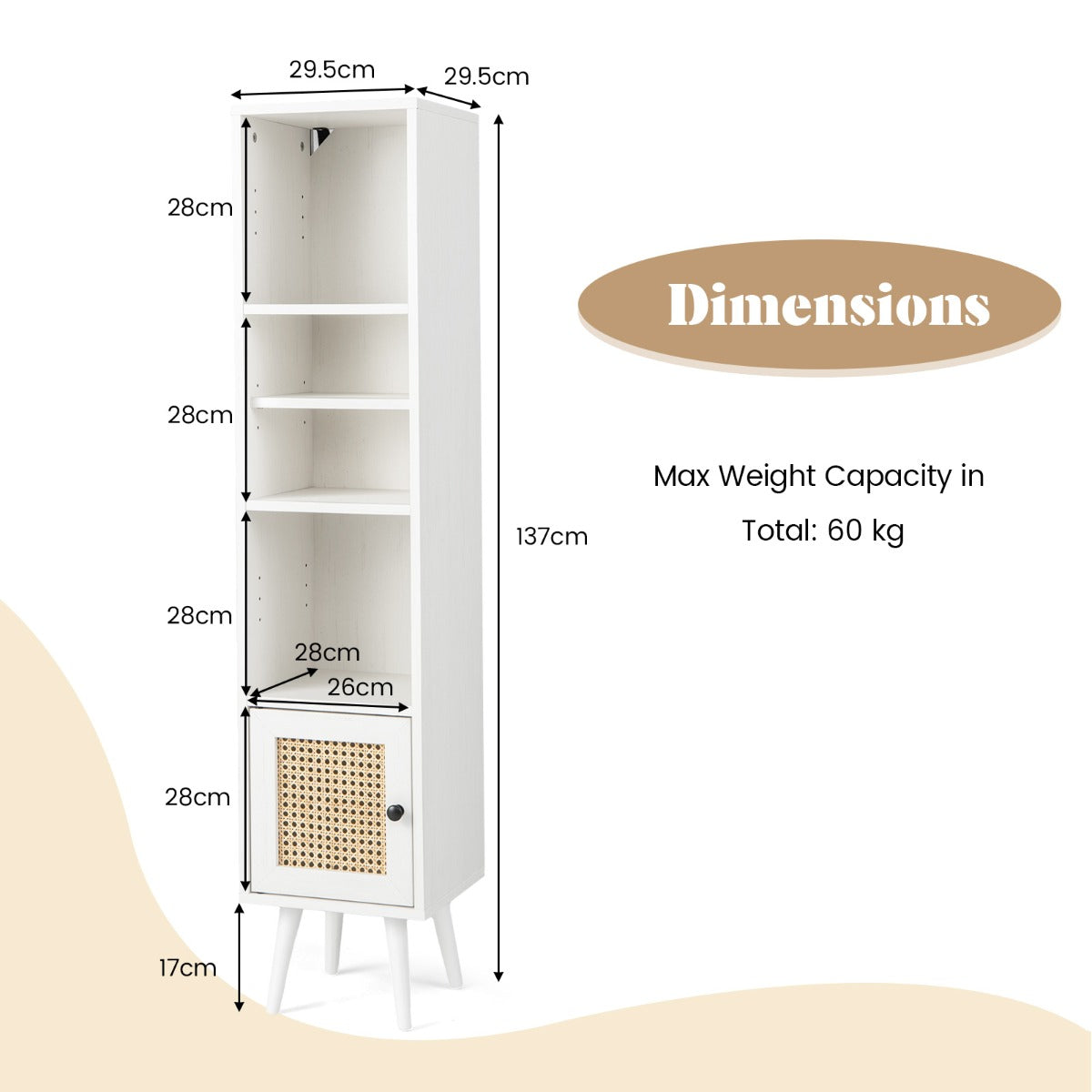 LIVSK Hoge Kast - Boho Ontwerp met Rieten Deur - Vrijstaand met 3 Open Vakken - Stabiliteit met Houten Poten - 29,5 x 29,5 x 137