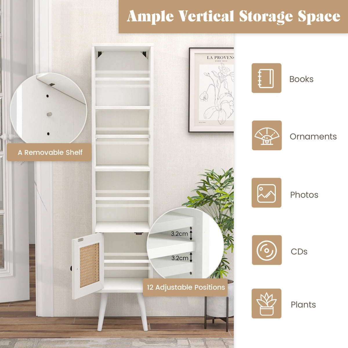 LIVSK Hoge Kast - Boho Ontwerp met Rieten Deur - Vrijstaand met 3 Open Vakken - Stabiliteit met Houten Poten - 29,5 x 29,5 x 137