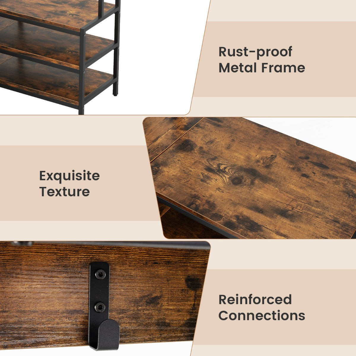 LIVSK Hoekkledingrek Organiser - 2 Bovenste Planken, 3 Onderste Planken, 7 Haken - Stevig Metalen Frame - Rustiek Bruin + Zwart