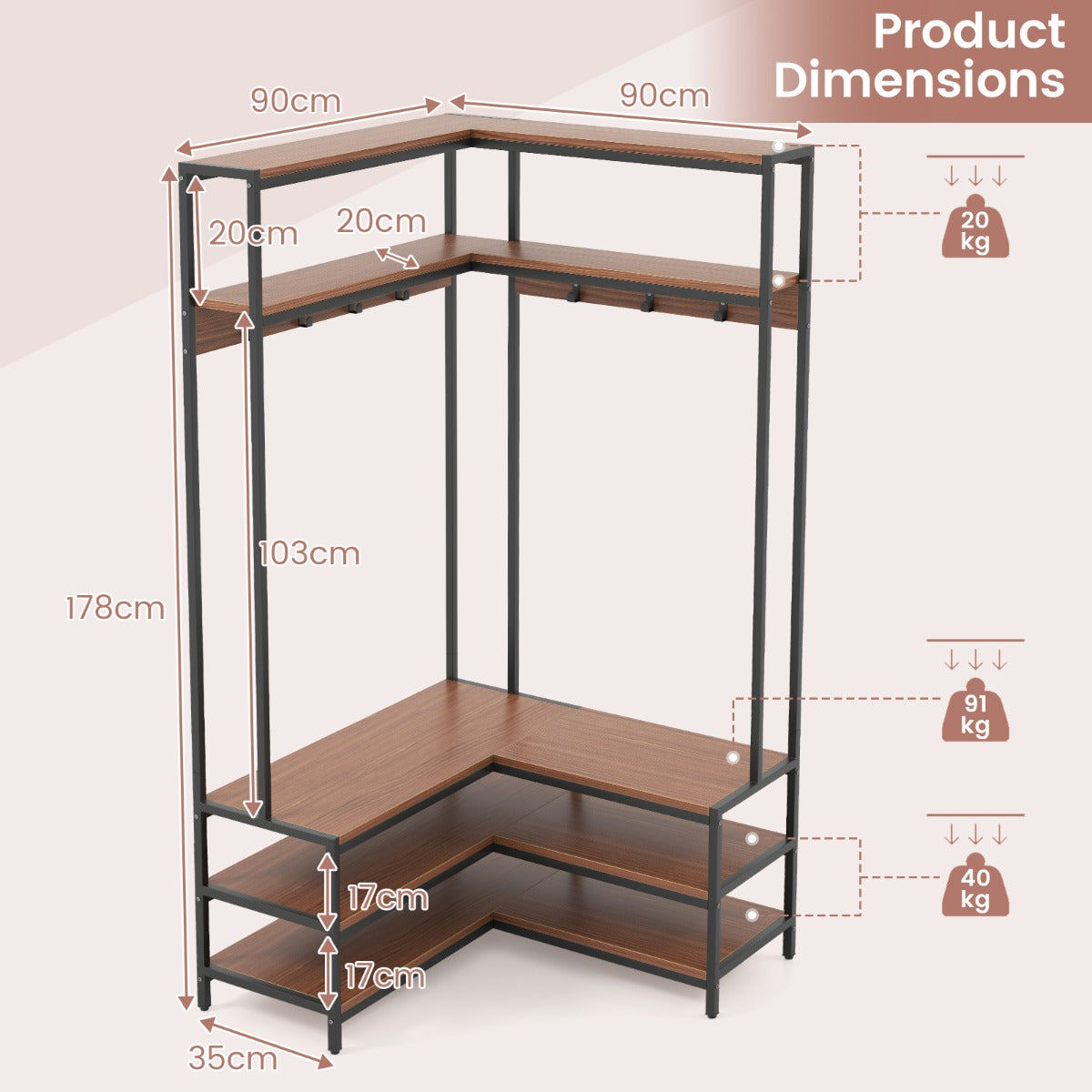 LIVSK Hoekkledingrek met 2 Bovenste Planken en 3 Onderste Planken - 7 Ophanghaken - Stabiel Metalen Frame - Rustiek Bruin