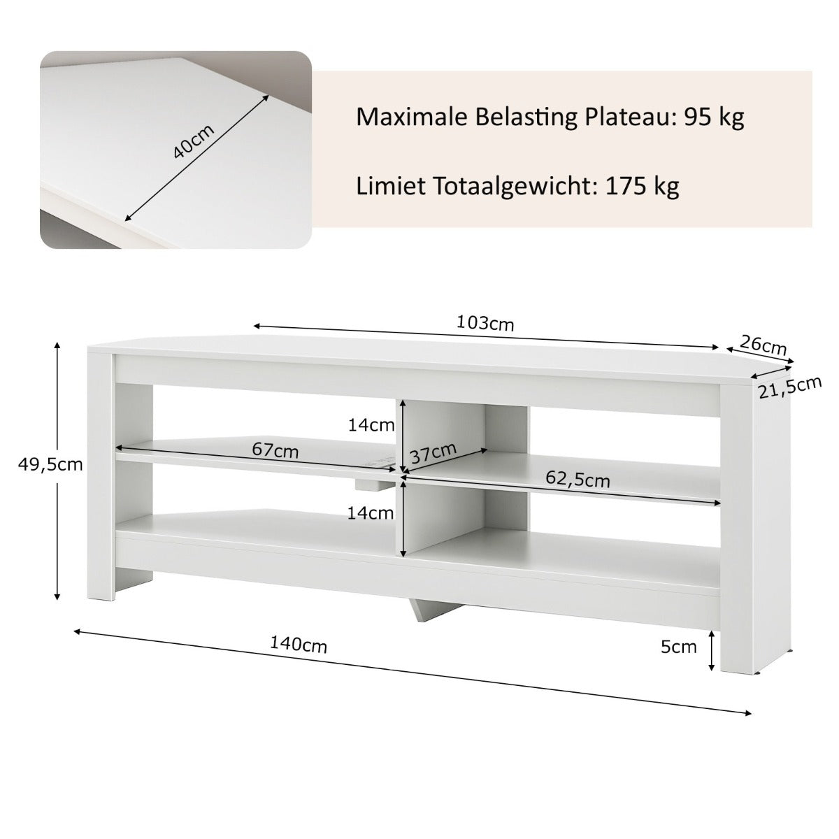 LIVSK Hoek-TV-meubel met Geïntegreerd Laadstation - 4 Ruime Planken - Voor TV's Tot 65 Inch - Duurzaam Hout - Wit