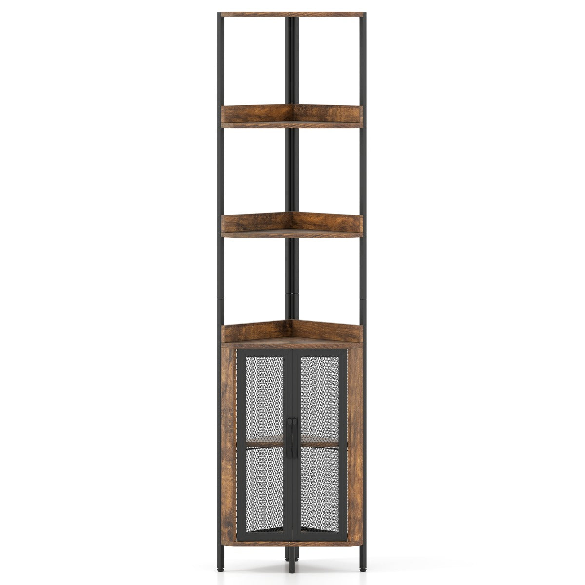 Livsk costway hoekboekenkast met 6 lagen hoekboekenkast van 170 cm hoog met kastdeuren boekenkast met deuren en metalen frame bruin 1 1