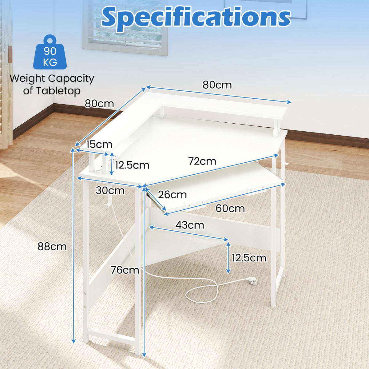 LIVSK Hoekbureau met Ingebouwd Oplaadstation - LED-verlichting - Monitorstandaard - Ruimtebesparend - 80 x 80 x 88 cm - Wit