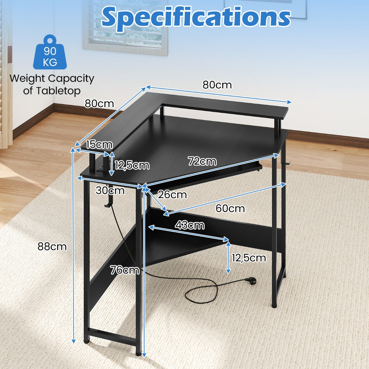 LIVSK Hoekbureau - Driehoekig Ontwerp - Ingebouwd Oplaadstation - Ergonomische Monitorstandaard - Zwart