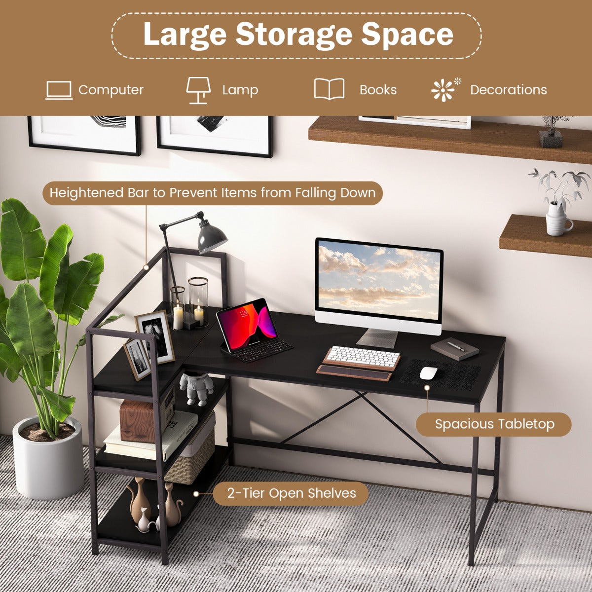 LIVSK Omkeerbaar Hoekcomputerbureau - Ruim Blad met Open Planken - Duurzaam en Stevig - Eenvoudig te Monteren - 148 x 100 x 90 cm